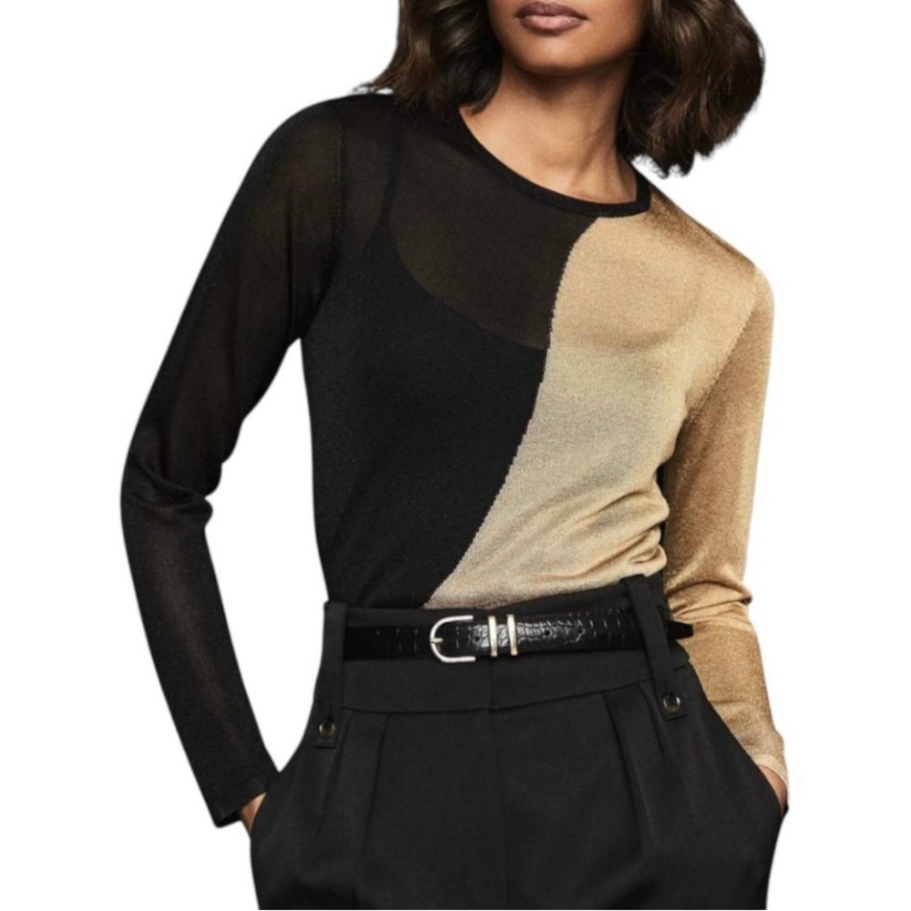 Reiss Adele Metallic Color-Blocked Sheer Long Sleeve Knit Top Size Small